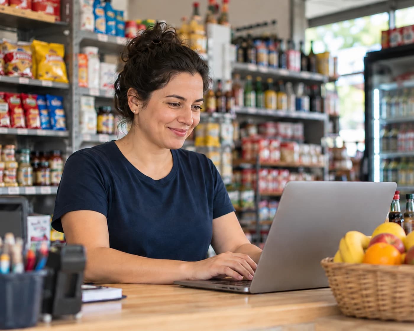 Comerciante consultando su notebook en el mostrador de un almacén.