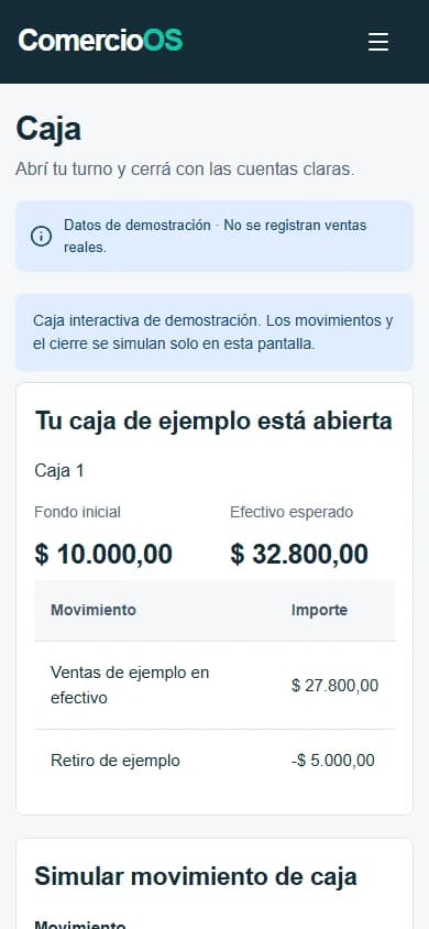 Cierre de caja de demostración en un celular