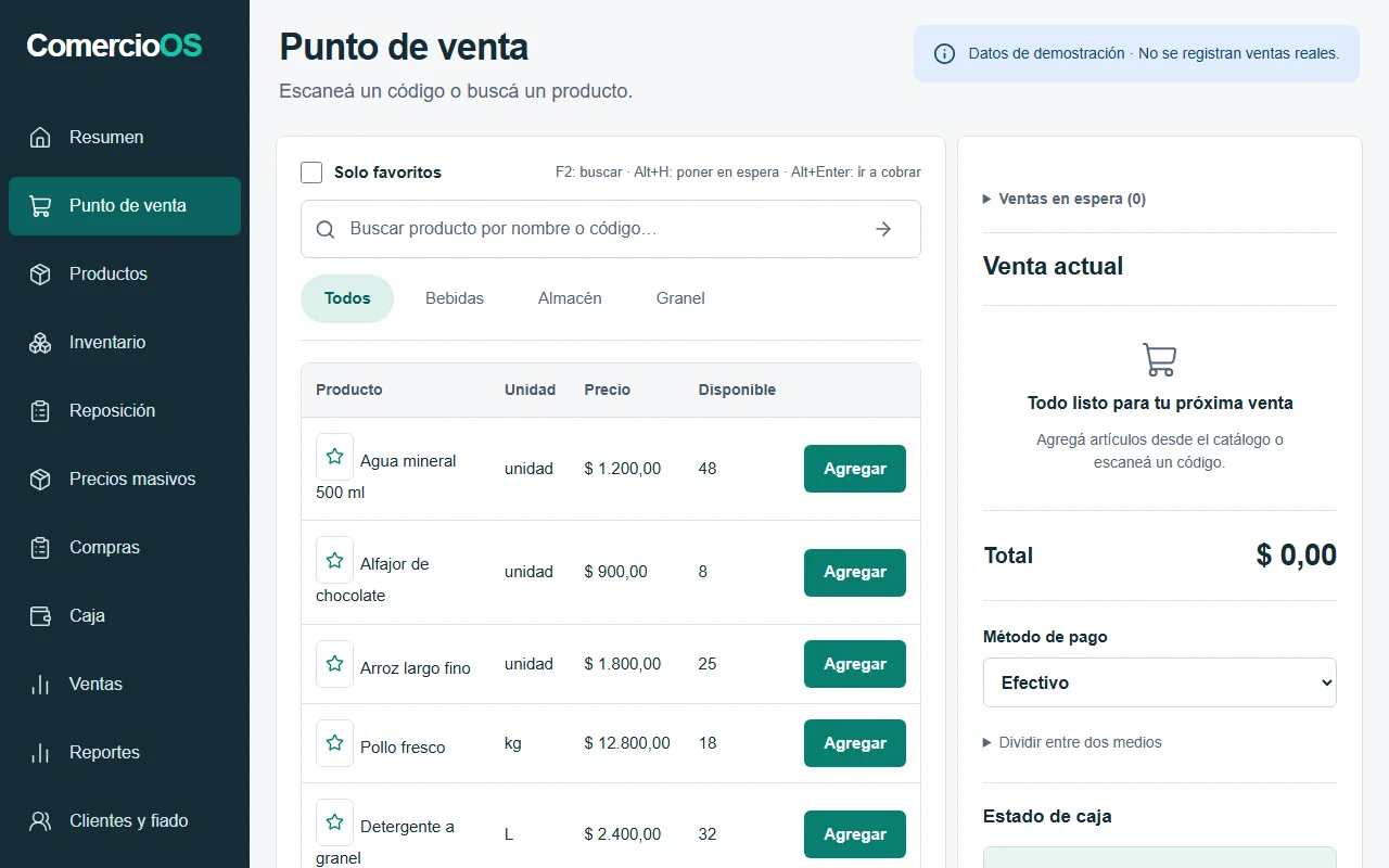Punto de venta de ComercioOS con productos, buscador y carrito